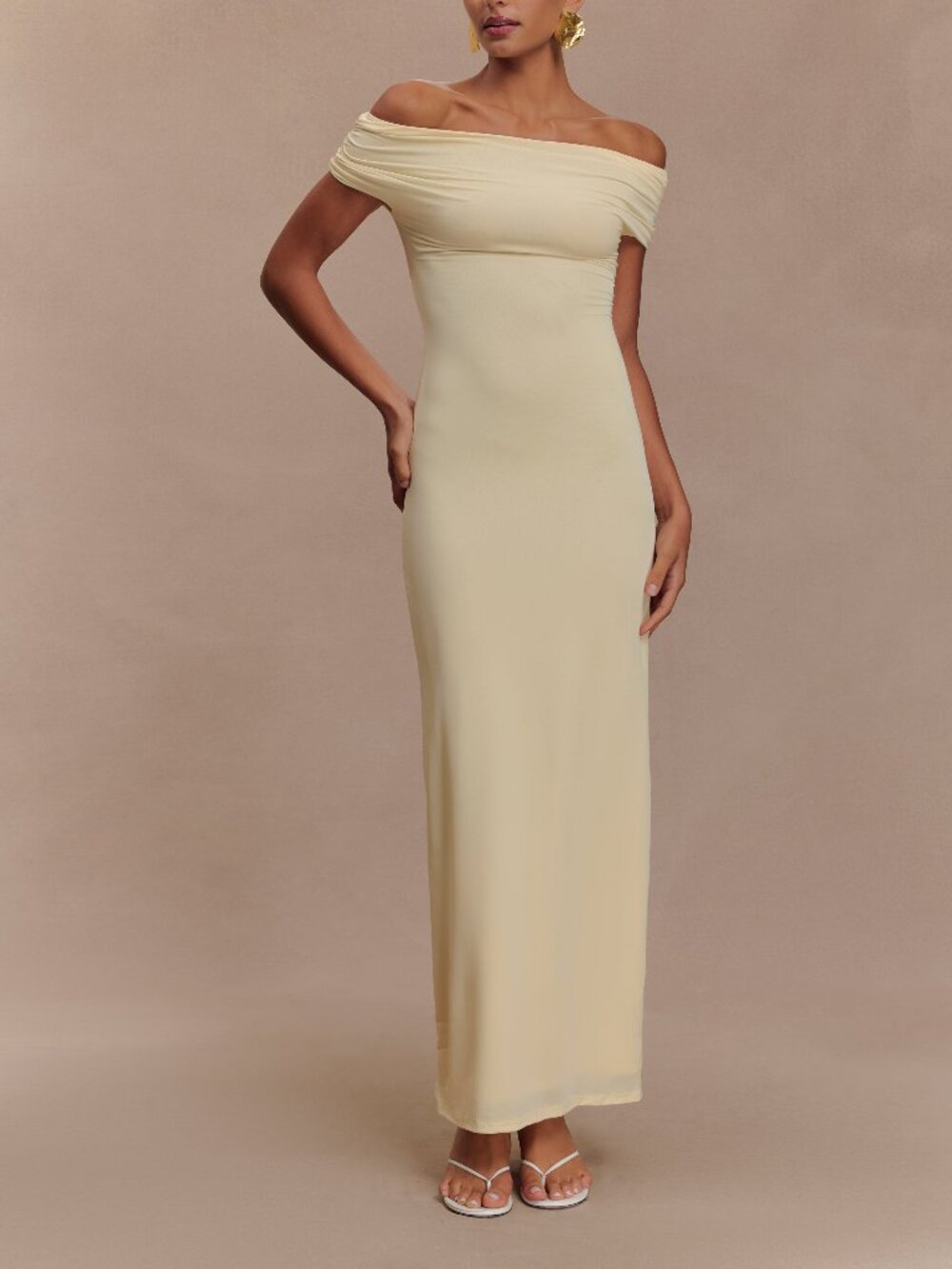 Meshki Imogen Off Shoulder Slinky Maxi Dress in Lemon